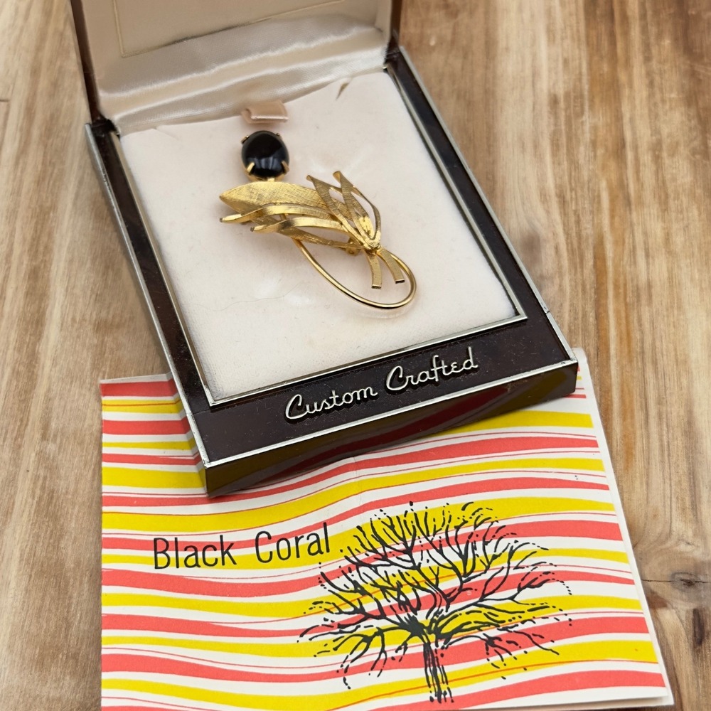 MEA Hawaii Black Coral Brooch Gold Filled Leaf Vintage 2" Tropical Estate Pin